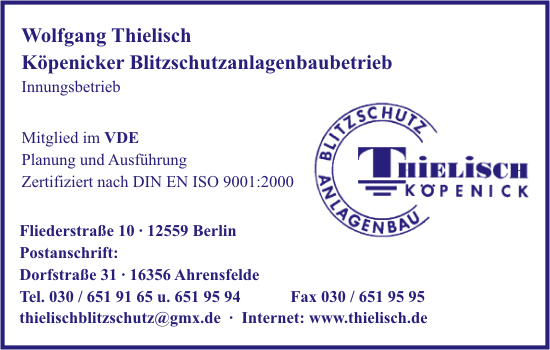 K�penicker Blitzschutzanlagenbaubetrieb Wolfgang Thielisch